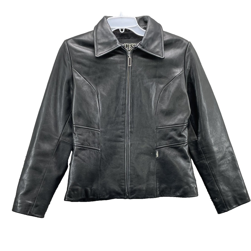 Vintage Guess USA Leather Jacket Womens Med Cropped Biker Academia Fall Y2k Moto